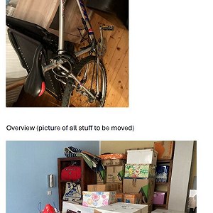 Boxes 51–70, Couch x 1, Bicycle x 1, Cabinet x 2, Shelf x 1, Kitchen cabinet x 1, Carpet x 2, Bedsid