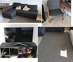 Sofa, butaca, alfombra,TV y dos cajas grandes