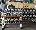 Pick up (and load) about 24 pairs of dumbbells (total weight around 1100 kg), plus racks