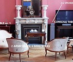 Sessel x 2, 2 seat sofa x 2, Konsolentisch x 2, speaker system (2 speakers/ unit, 2 units, in total 