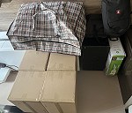 Boxes 1–5, Coffee maker x 1, Robot vacuum cleaner x 1, plecak x 1, Large bag x 1, torba na laptop z 